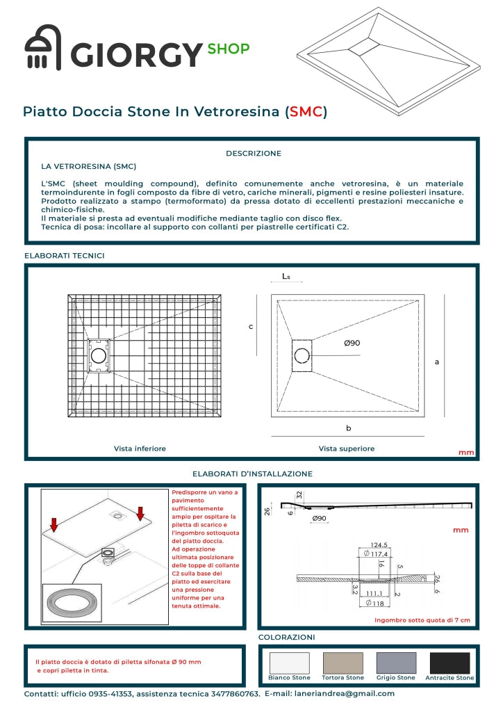 Piatto Doccia In SMC Vetroresina Effetto Pietra H 2,6 Cm Con Piletta Di Scarico Inclusa 90-160 Nero