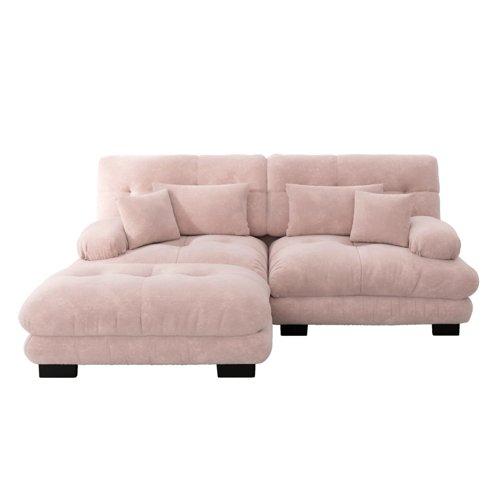 Divano modulare in chenille con cuscini lombari e pouf, seduta profonda e braccioli imbottiti per soggiorno rosa