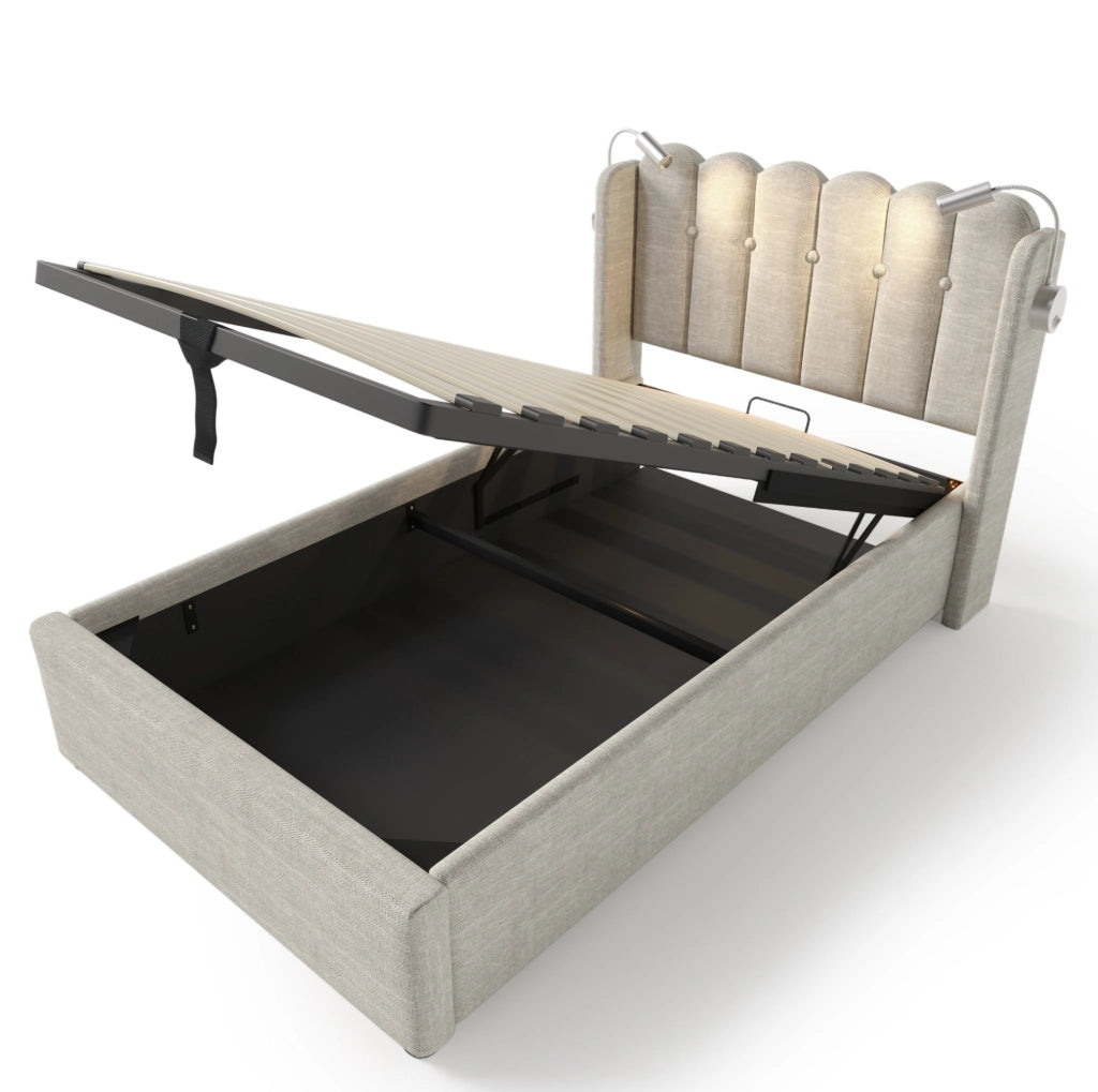 Letto contenitore 90x200 in lino beige con luce di lettura e USB