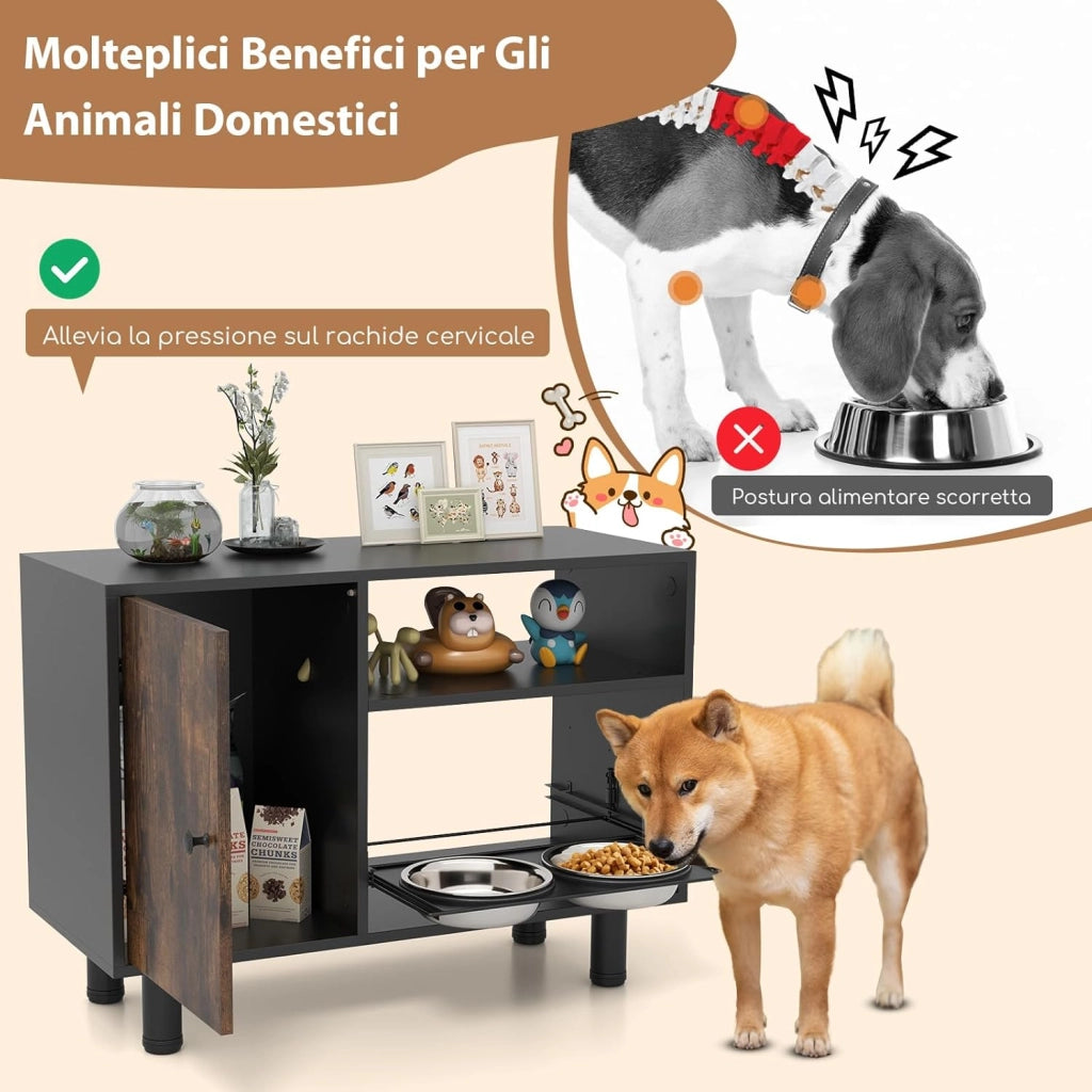 Ciotola per Cani Antigoccia 82 x 35 x 60cm, Armadietto per Animali con 2 Ciotole Rialzate in Acciaio Inox e Scaffale, Stazione di Alimentazione per Forniture di Cibo e Acqua, Marrone