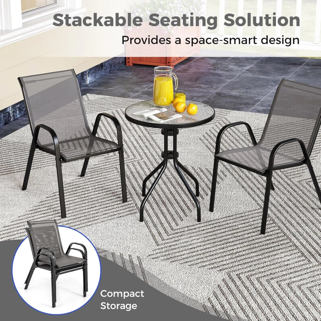 Set di 2 Sedie da Giardino con Tavolo in Vetro, Schienale Alto e Seduta Larga, Telaio in Acciaio Verniciato a Polvere, Tessuto Textilene Traspirante, per Balcone e Esterno (Grigio)