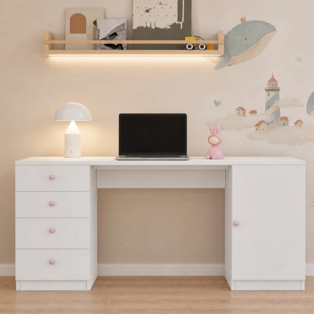 Scrivania lineare con 4 cassetti e armadietto con ripiano; piano ampio per studio e ufficio; in MDF; bianco 155×45×74 cm