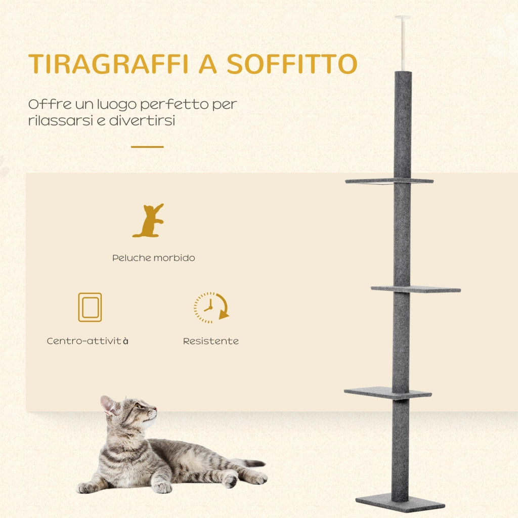 EasyComfort Albero Tiragraffi per Gatti a 4 Livelli con Altezza Regolabile, Grigio, 43x27x228-260cm