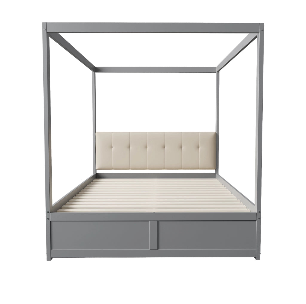 Letto a tenda grigio 140 x 200 cm con cassetti e schienale imbottito