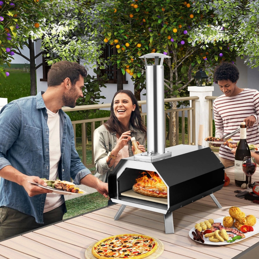 Forno per pizza in acciaio inox con pietra per pizza gambe pieghevoli, Grill a legna portatile per pizza Nero-Strumenti cucina