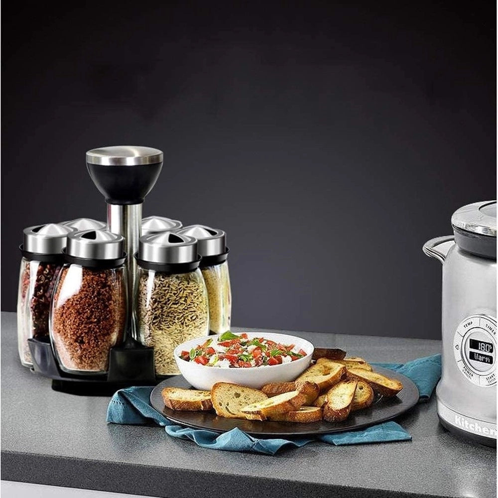 Trade Shop - Portaspezie Girevole Con 6 Barattoli In Vetro Tappi Spargispezie Organizer Cucina -