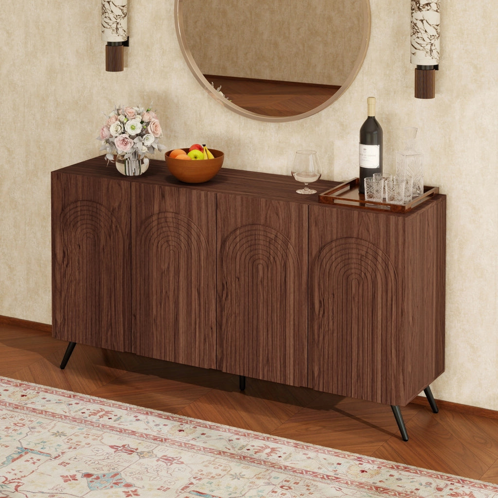 Credenza Mid-Century ¨C MINIMAL ¨C Legno Noce con Ante ad Arco, Ripiani, Gambe Metallo Dorato