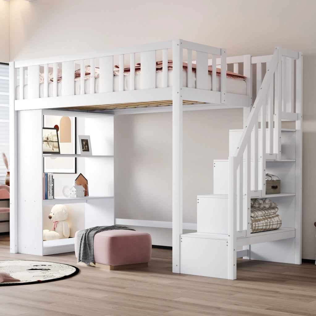 Letto a soppalco 90x200 cm con scala e 3 vani portaoggetti; in legno bianco