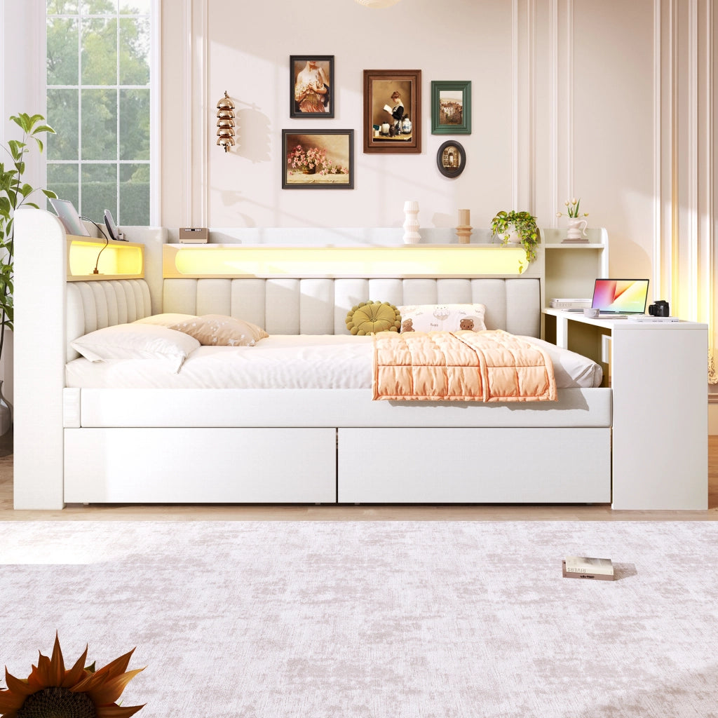 LETTO GIORNO 140x200 cm Bianco con scrivania, 2 cassetti, USB e LED