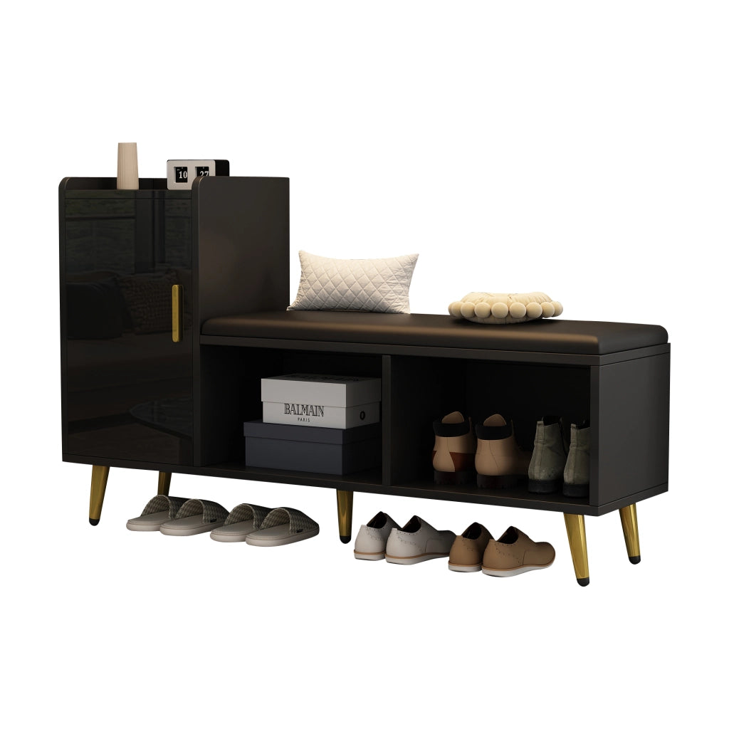Scarpiera con seduta imbottita - Zephmum- Porta armadio nera lucida, ripiani multipli, accessori dorati
