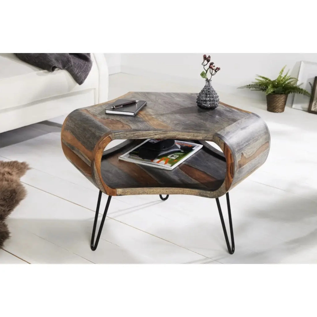 Tavolino basso NERA 70 cm in legno massiccio di Sheesham marrone e grigio con nicchia – stile retro industriale