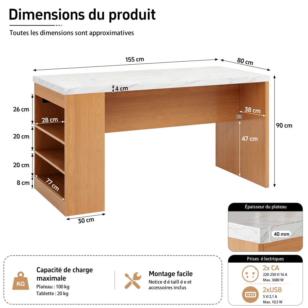 Isola cucina moderna 155x80x90 cm con LED, prese AC+USB, piano spesso 40 mm, MDF naturale/bianco