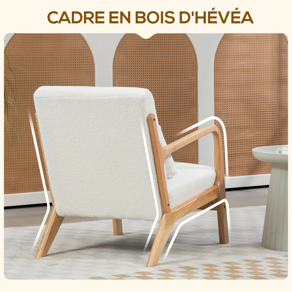 Poltrona lounge in velluto crema ¨C Xylo ¨C con 3 cuscini, braccioli, struttura in legno