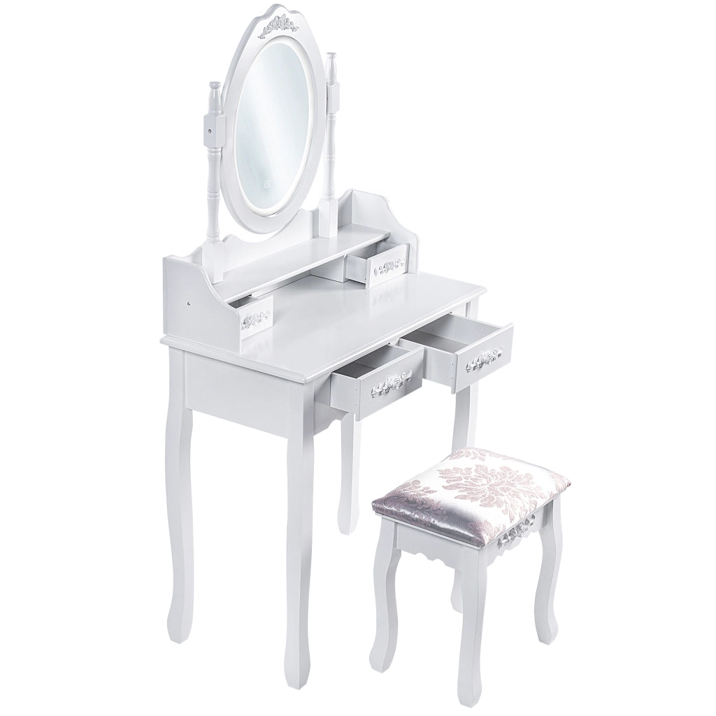 Tavolo da trucco KADAX con specchio e sgabello, bianco, 75x147 cm