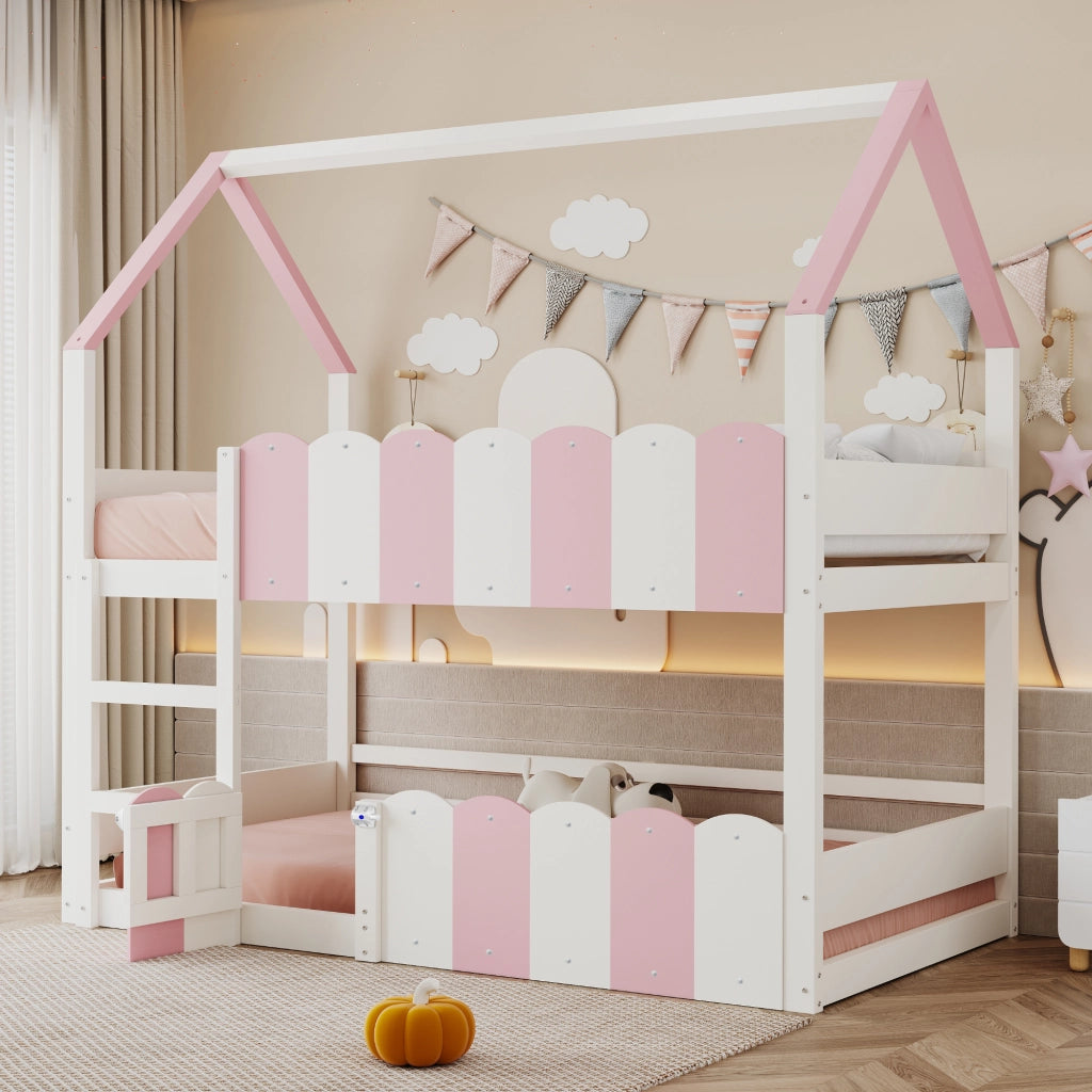 OKWISH Letto a Castello 90×200 cm, Letto Singolo con Design a Casetta, Scala Dritta e Sponde di Sicurezza, senza Materasso, Bianco e Rosa