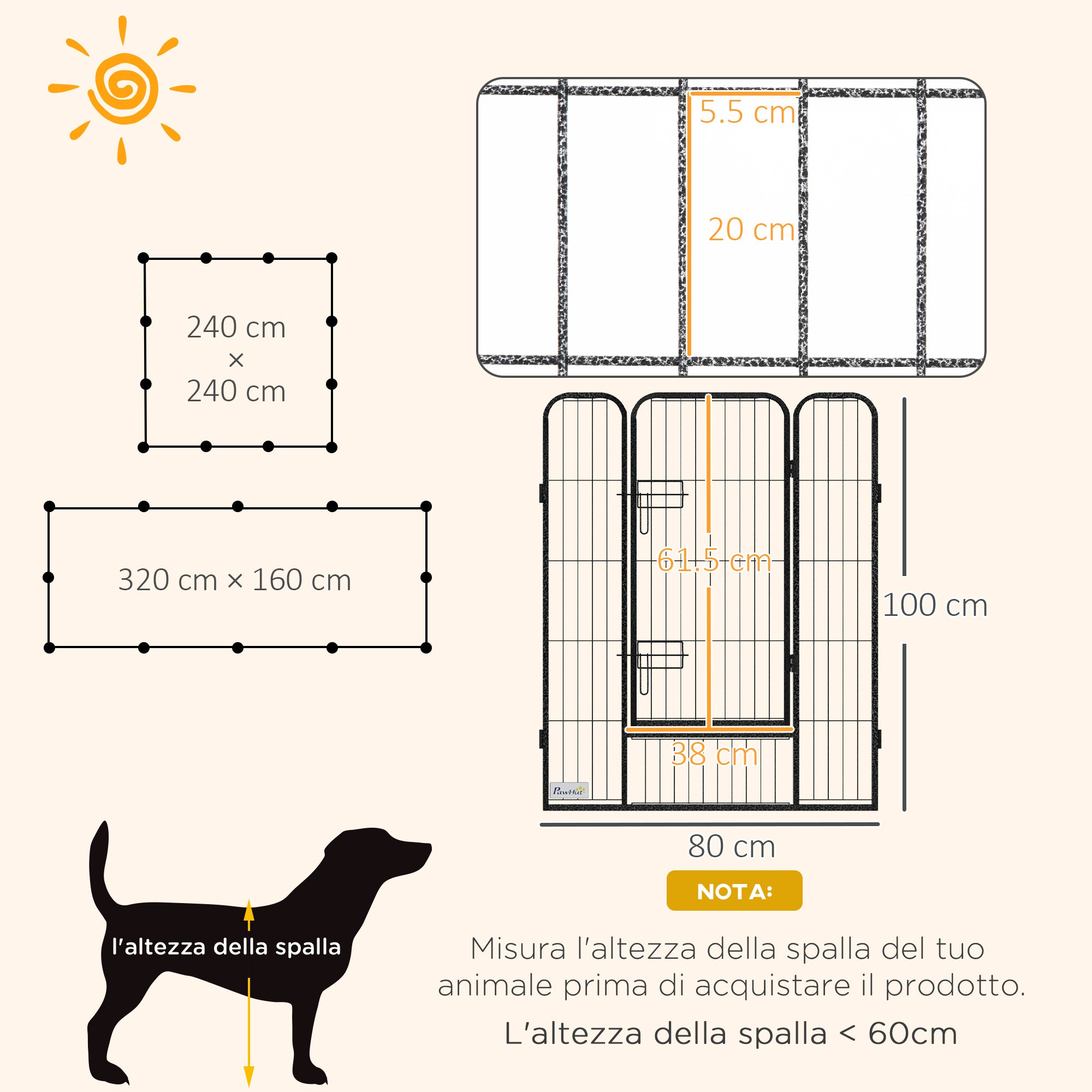 Recinto per Cani a 12 Pannelli Modulabili da 80x100 cm Pieghevole con Porta in Acciaio e 12 Picchetti Grigio