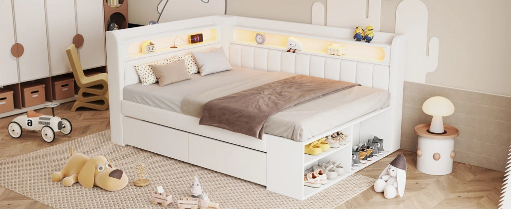 DESMIU Letto divano 90 × 200 cm con USB, LED regolabile, 2 cassetti e scarpiera, senza materasso, bianco