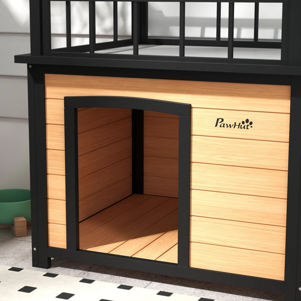 Casetta per cani con balcone, scala, finestre e porta, rialzata in legno di abete massello, giallo, 121 × 77 × 78 cm