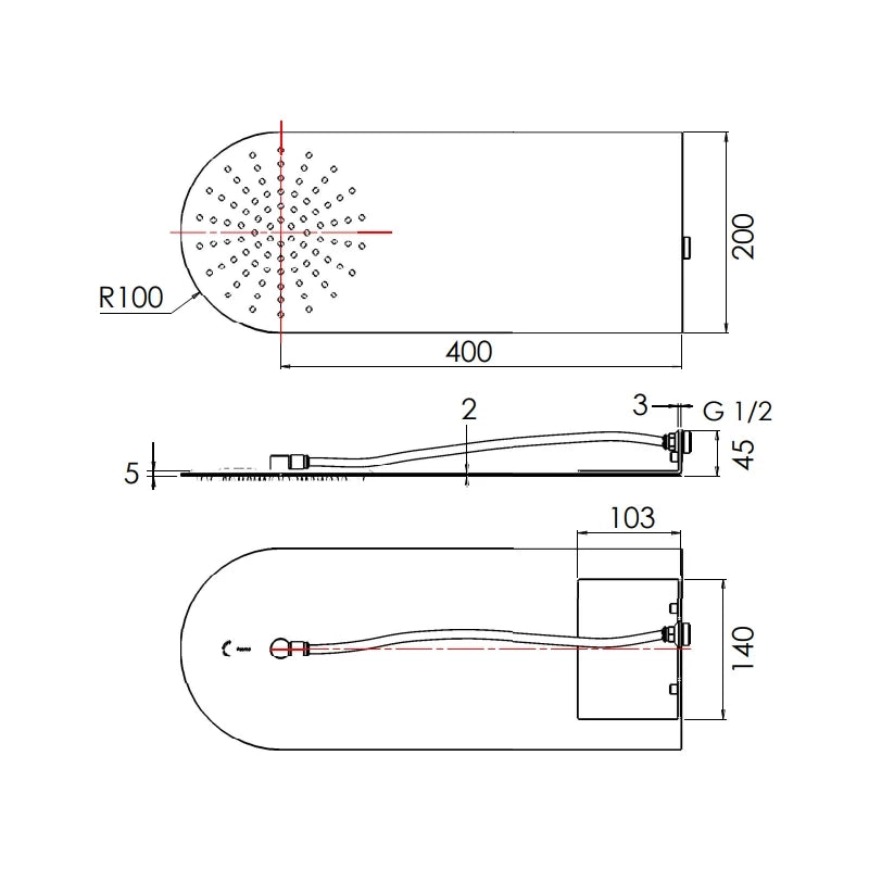Soffione doccia ultrapiatto arrotondato a parete inox lucidato a specchio