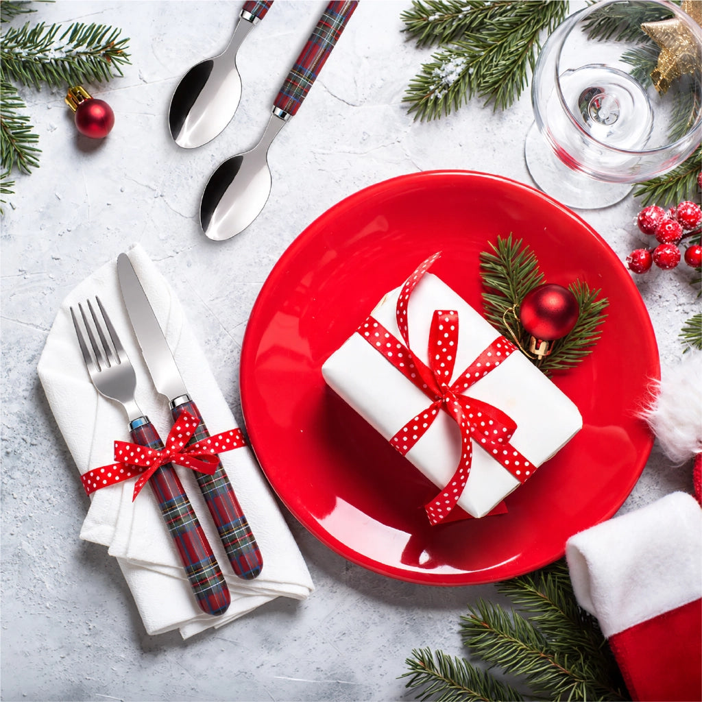 Set 24 Posate in Acciaio Inox con Manico Tartan Rosso, Servizio per 6 Persone con Forchette Coltelli Cucchiai e Cucchiaini, Lavabili in Lavastoviglie, Scatola Regalo