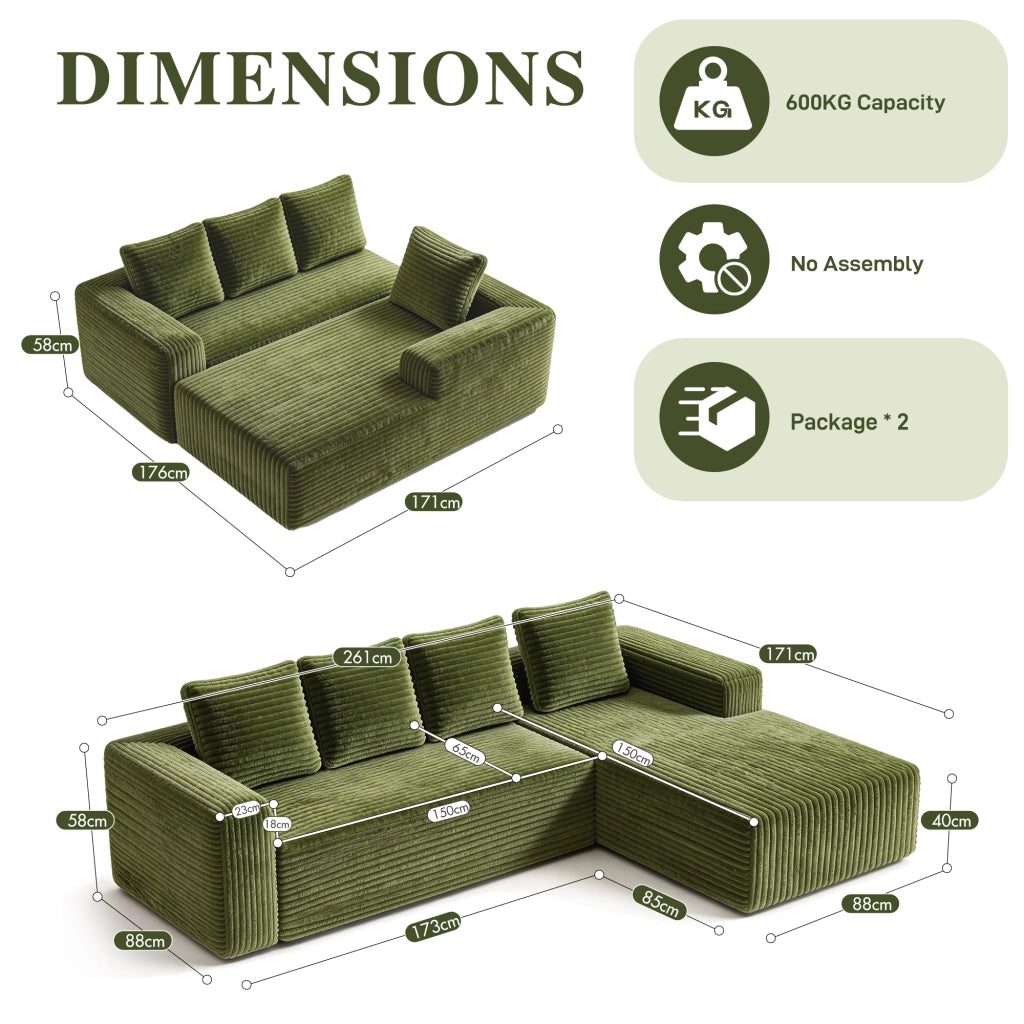 Divano angolare reversibile modulare con chaise longue e funzione senza montaggio in velluto a coste verde
