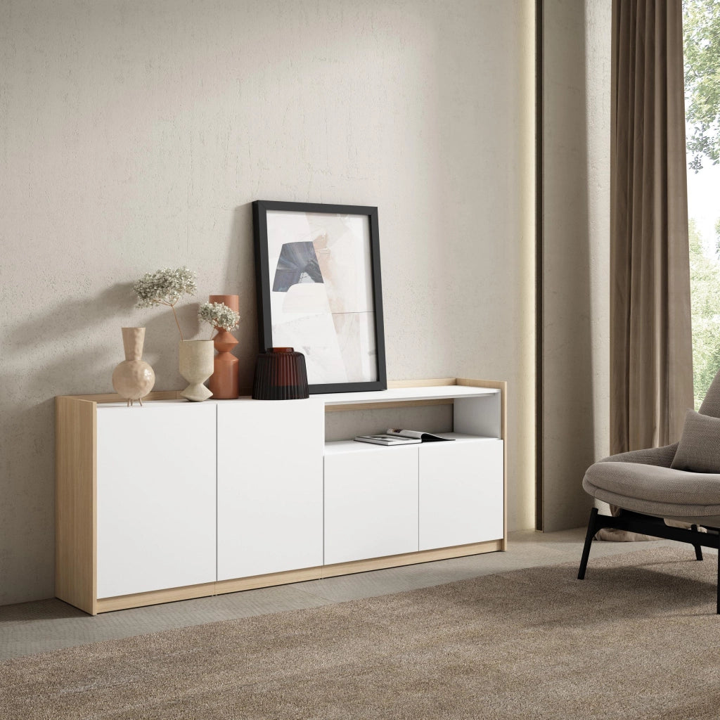 Credenza, Mobile, Cucina, 207x80x37 cm, 4 Porte, grande stoccaggio, Bianco e Rovere soft