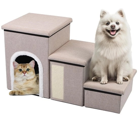Trappola per cani pieghevole per divano e letto, 75Lx35Px43A cm, trappola per cani e gatti piccoli/grandi/anziani, trappola a 3 gradini per cani con grande appartamento, spazio di stoccaggio, piastra di grattamento per gatti, trappola in beige per cani