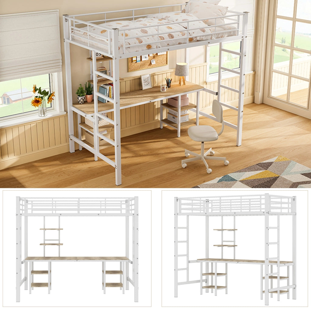 Letto a castello 90x200 cm con scrivania e scaffali in metallo e MDF; bianco