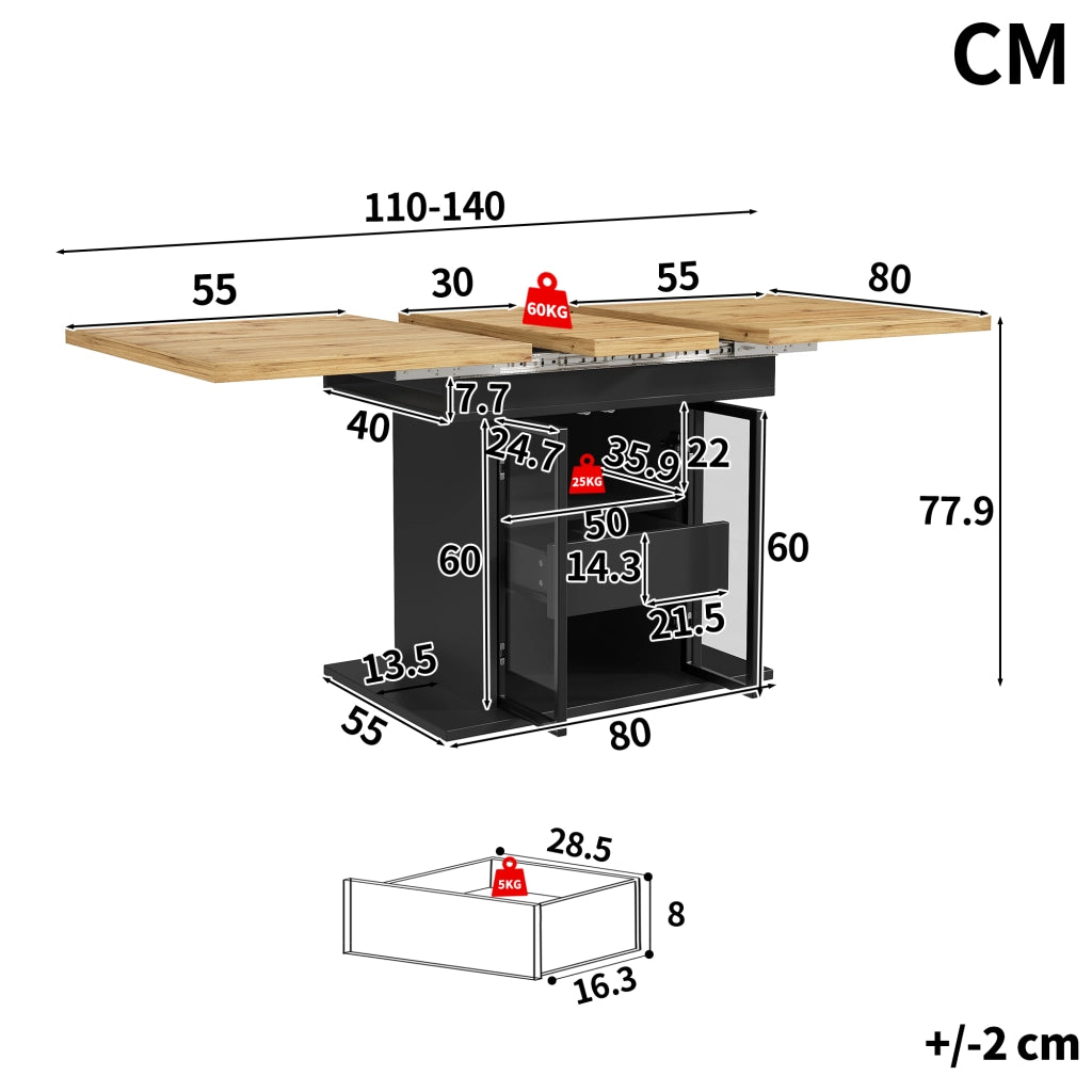 Tavolo da pranzo allungabile con 2 cassetti ripiani regolabili ante in vetro e LED RGB per cucina e sala da pranzo nero