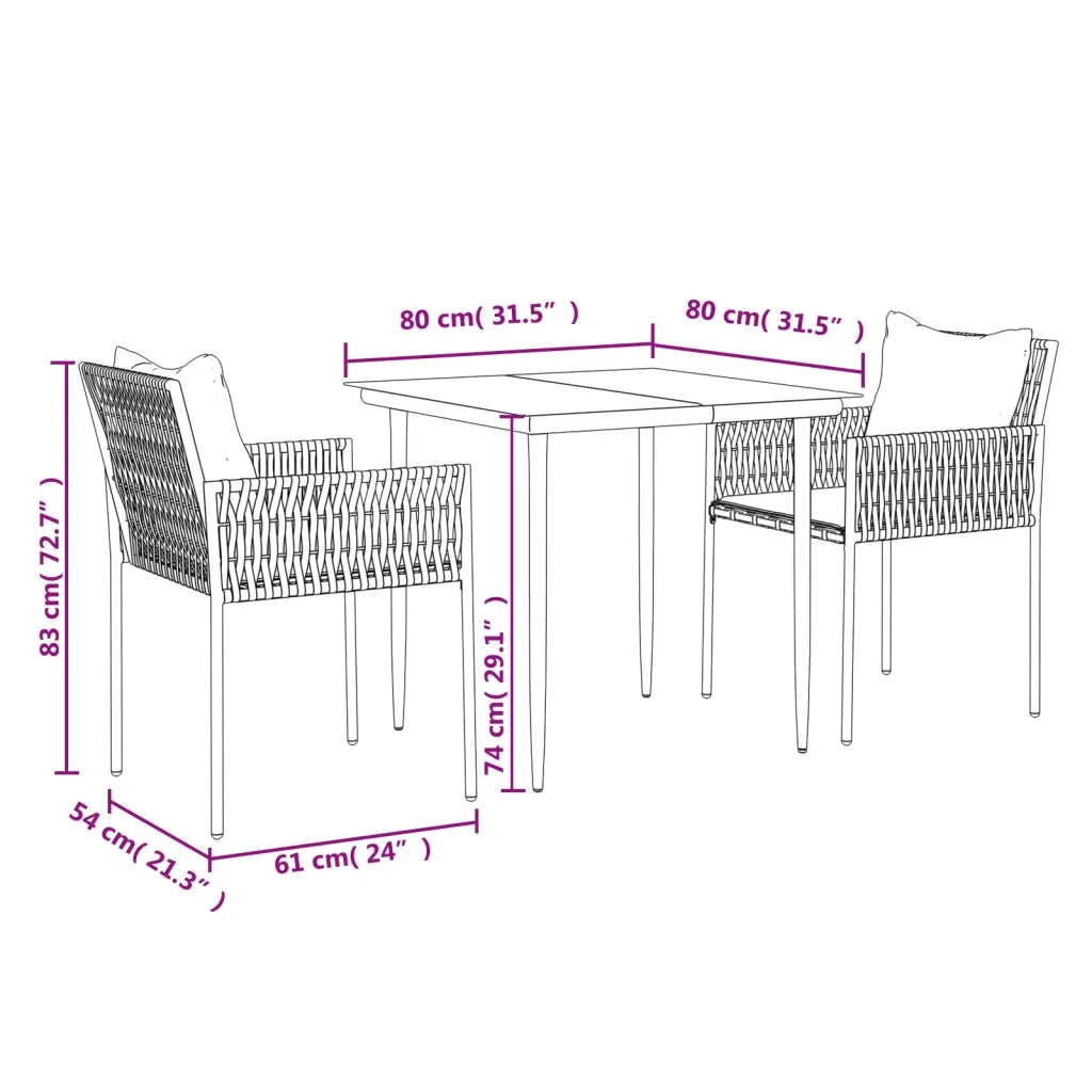 Set Pranzo da Giardino 3pz | Set Salotto da Giardino con Cuscini in Polyrattan e Acciaio