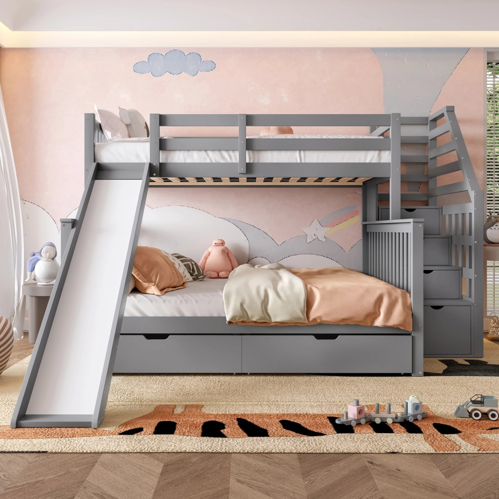 Letto a castello 90x200/140x200 con scivolo, cassetti e scala grigio