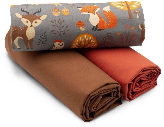 Set di tessuto in cotone 1,5m design + 2x selezione di tessuto 100% cotone a colori omogenei (Animals in the Forest Gray Set06)