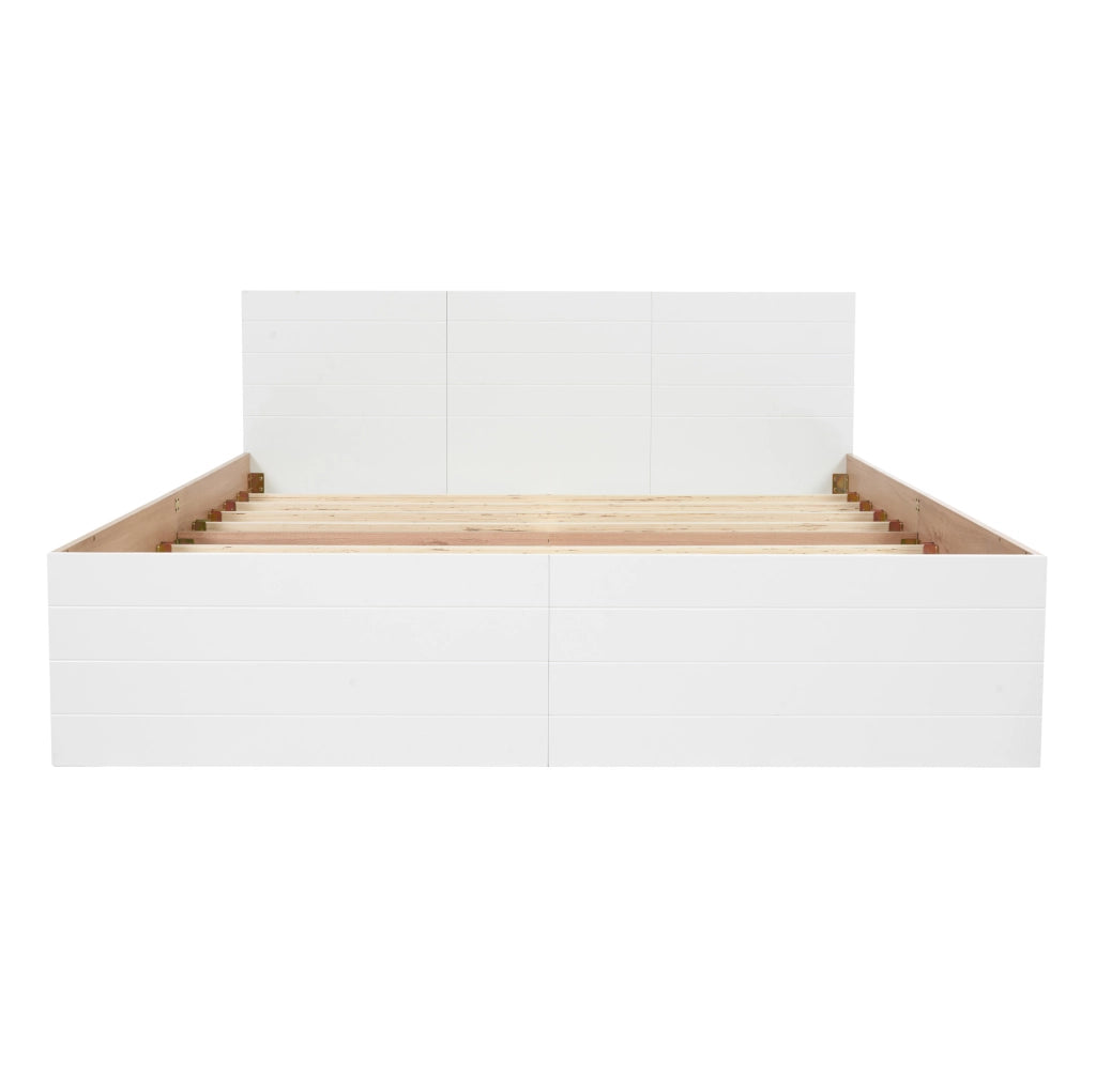 Letto matrimoniale 140x200 cm con 2 cassetti e rete a doghe; legno e MDF bianco e rovere chiaro