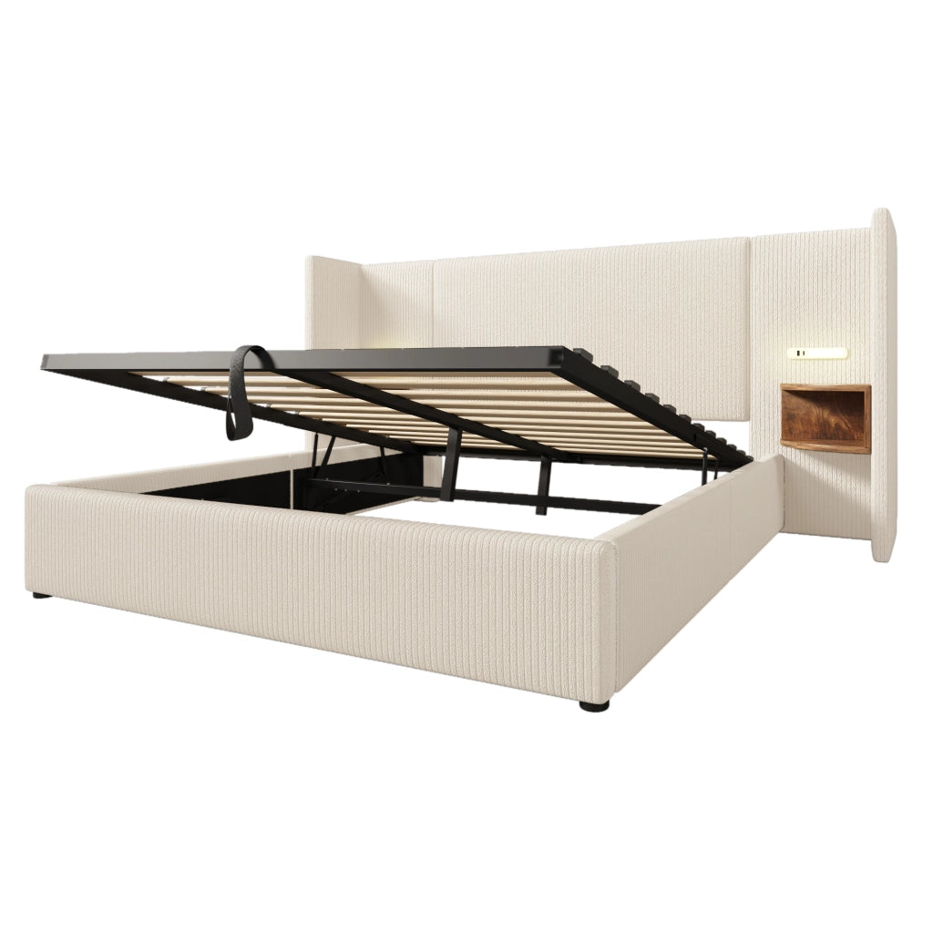 Letto matrimoniale 160x200 con contenitore, testiera con lampada da lettura, USB Type-C e struttura in metallo e legno