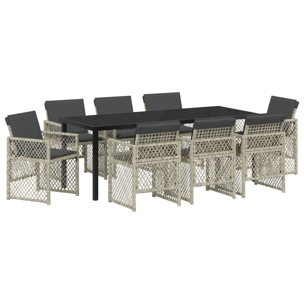 Set pranzo giardino 9 pezzi cuscini Rattan Polietilene grigio chiaro