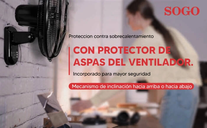 Ventilatore da parete 40 cm con oscillazione, 3 velocità e 5 pale 50W con tiranti comando e inclinazione regolabile - Sogo