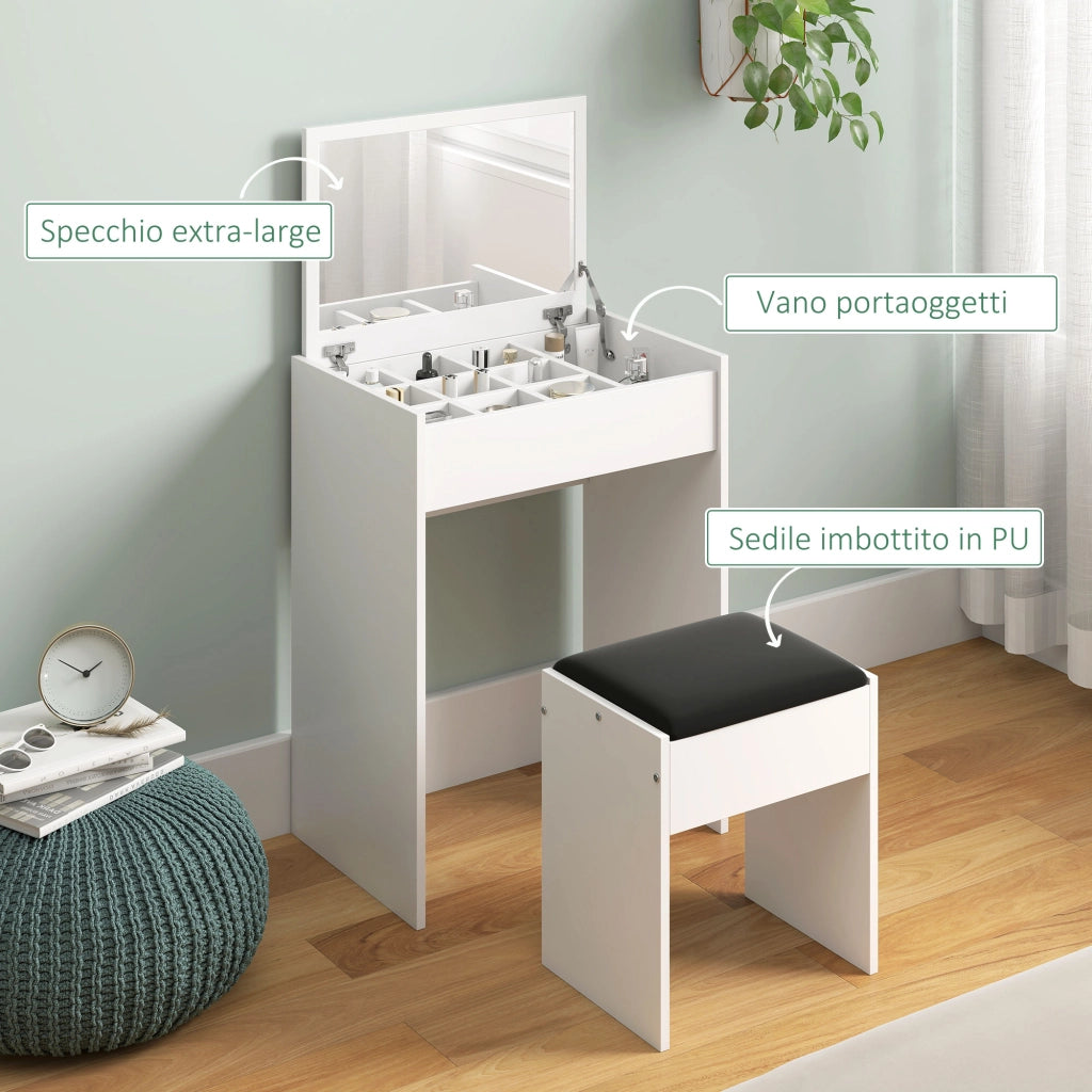 Postazione Trucco con Specchio Richiudibile ¨C Zephmum ¨C MDF Bianco, 60x40x79 cm