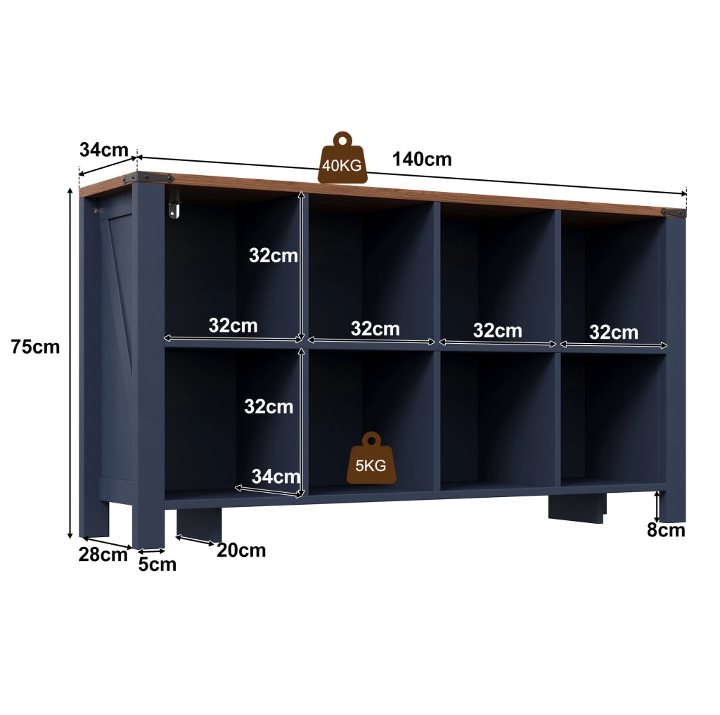 Mobile contenitore a 8 vani aperti 140x34x75 cm in MDF blu HOMVRA