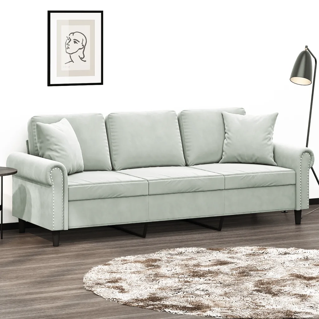 Divano a 3 Posti con Cuscini-Sofa 3 Posti con Cuscini Grigio Chiaro 180 cm in Velluto 648649