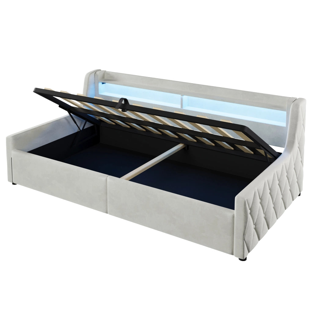 Letto singolo imbottito 90x200 con vano contenitore e testiera LED