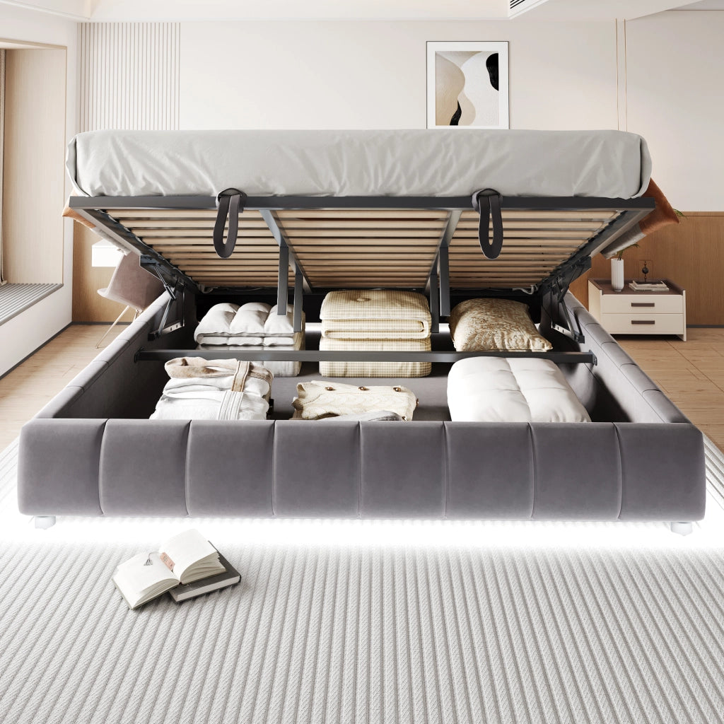 Letto imbottito 180x200 cm con contenitore, LED bianco integrato, struttura idraulica e senza testiera, grigio