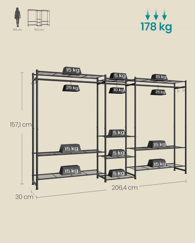 SONGMICS Stand Appendiabiti, Guardaroba Aperto, Armadio con 10 Ripiani, 3 Aste Appendiabiti, 4 Ganci a S, Metallo, per Camera da Letto Soggiorno Ingresso, Nero LGR011BZ01