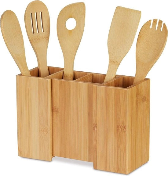 Set di posa cibi in bambù da cucina da 5 cucchiai - contenitore da tovagliato estendibile - HBD ca. 17x25x10 cm