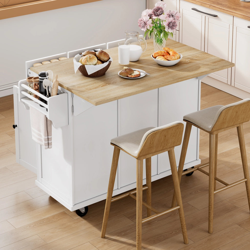 Isola da Cucina con Cassetti; Piano Estensibile; Vano per Rifiuti e Portasciugamani; Bianco e Naturale