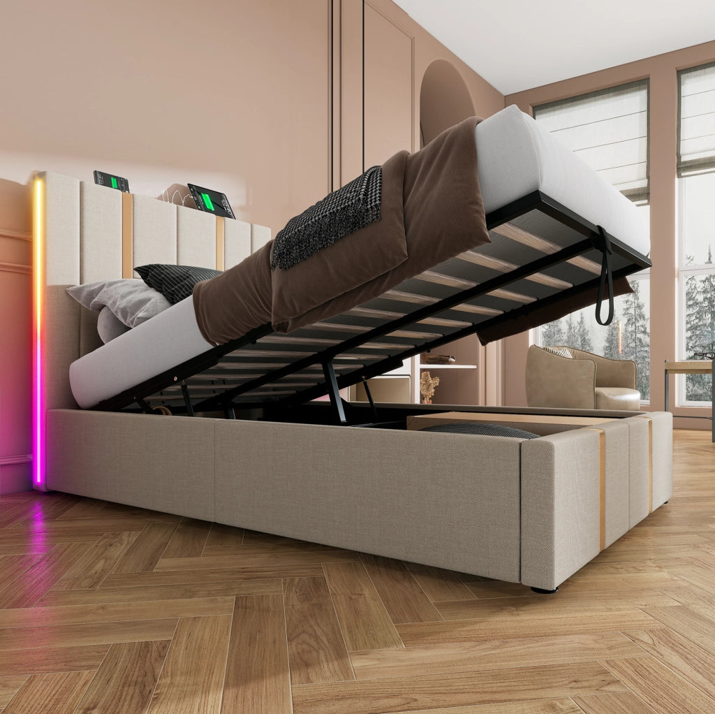 Letto imbottito singolo 90x200 cm con contenitore; LED; USB C e lino beige