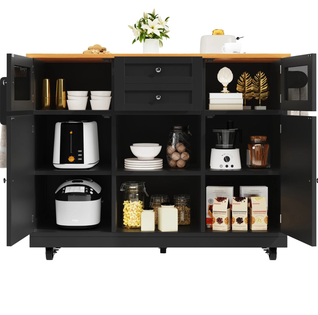 Carrello cucina 140x40x93.5 cm con piano pieghevole; 2 cassetti; MDF nero