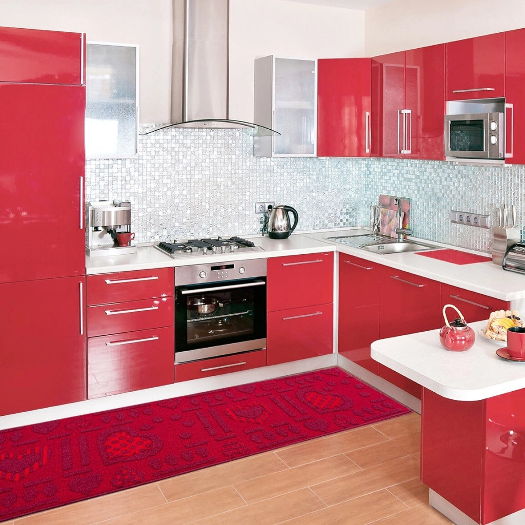 Tappeto Cucina Antiscivolo Cuori Lavabile Moderno Assorbente Bordeaux 57x270 cm