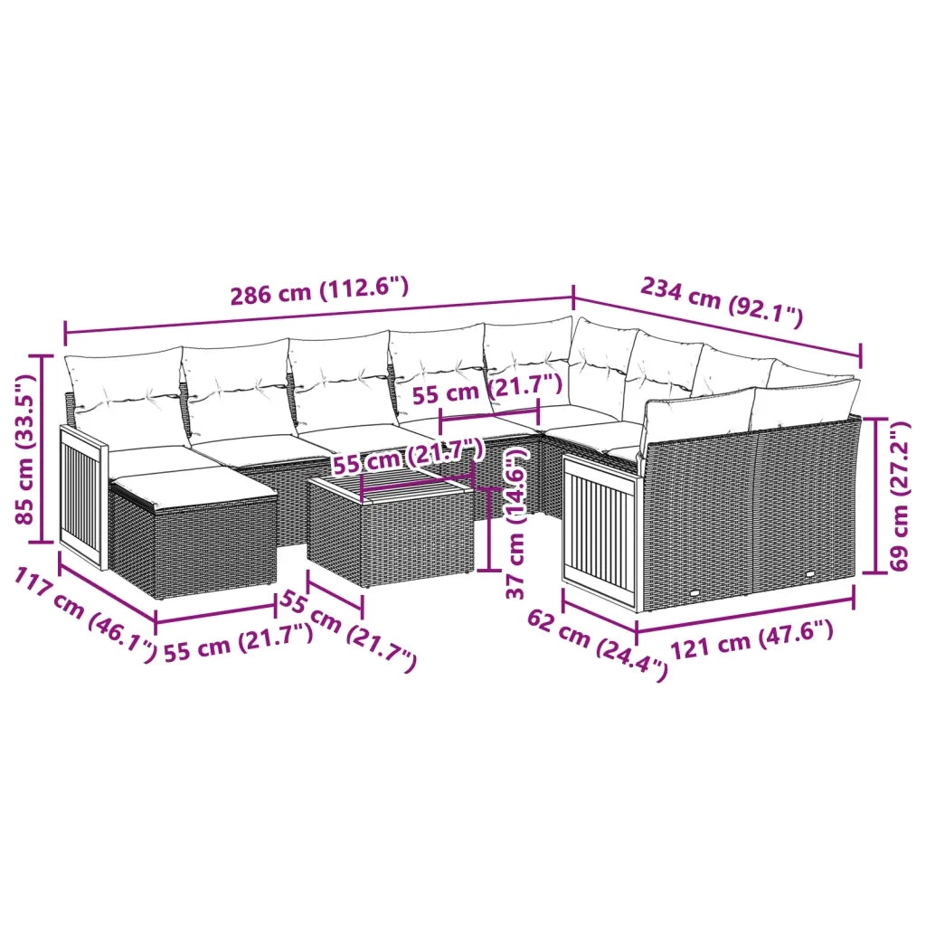 Set Divani da Giardino 11 pz con Cuscini in Polyrattan Nero