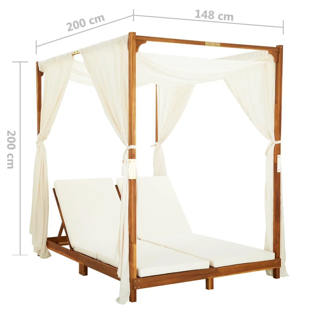 Lettino Prendisole Doppio con Tende e Cuscini in Legno Acacia cod mxl 41584