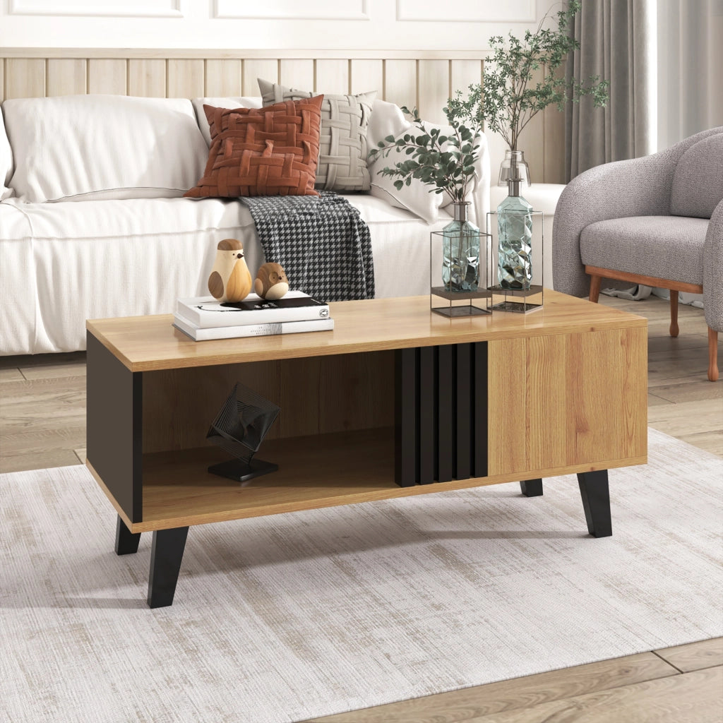 OKWISH Tavolino da Salotto Rettangolare con 3 Vani, Stile Moderno, per Soggiorno, 100×60×45 cm, Naturale e Nero